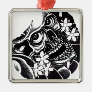 Ornement Carré Argenté Crâne de tatouage japonais