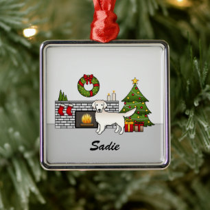 Ornement Carré Argenté Cream Golden Retriever In Festive Room & Name