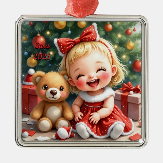 Ornement Carré Argenté Custom Christmas Baby Girl Cute Big Mile (Devant)