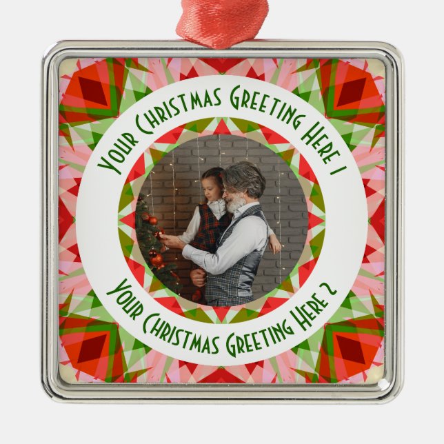 Ornement Carré Argenté Custom Christmas Star Jolly Red Photo Grey (Devant)