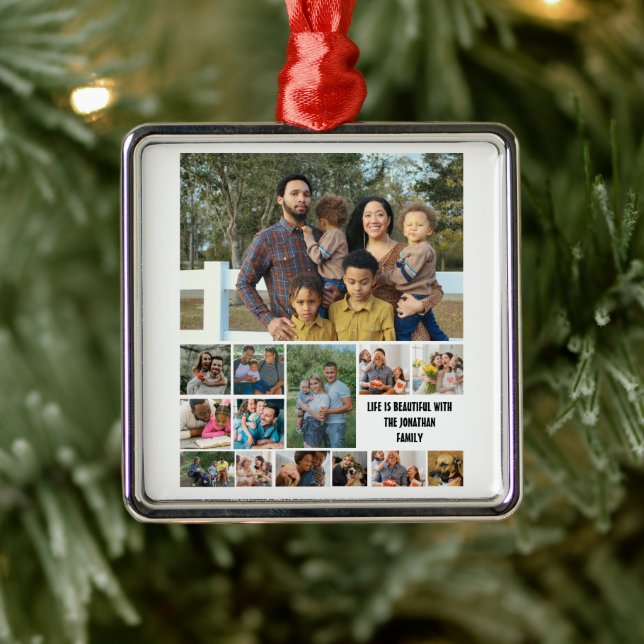 Ornement Carré Argenté Custom Modern Family 14 Photo Collage Modèle (Arbre)