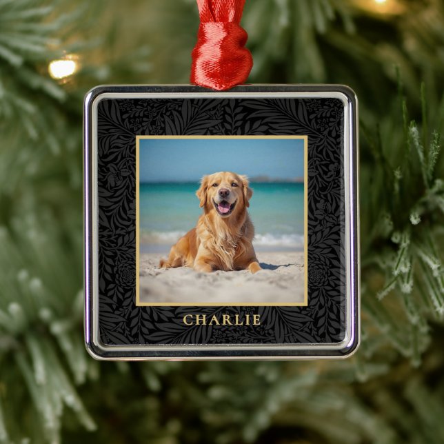 Ornement Carré Argenté Custom Pet Name Photo Botanical Holiday (Arbre)
