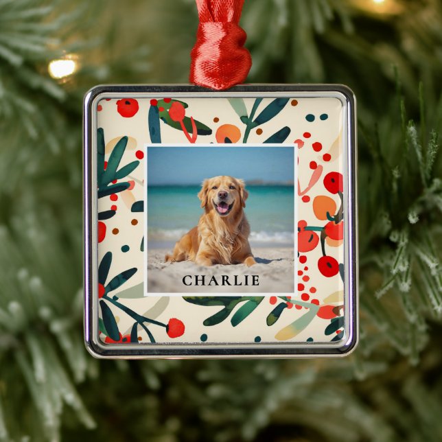 Ornement Carré Argenté Custom Pet Name Photo Holly Berries Holiday (Arbre)