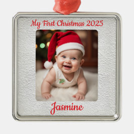 Ornement Carré Argenté Customisable Baby's First Christmas Square