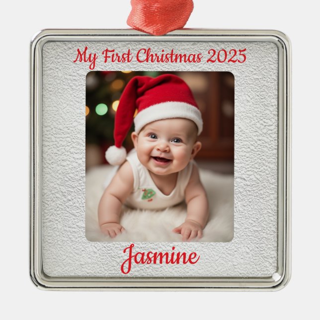 Ornement Carré Argenté Customisable Baby's First Christmas Square (Devant)