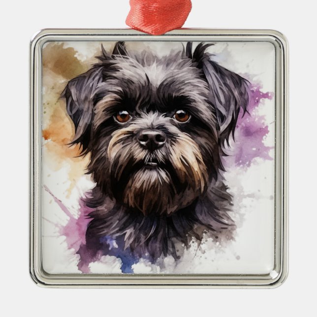 ORNEMENT CARRÉ ARGENTÉ CUT BLACK AFFENPINSCHER PUPPY CHIEN (Devant)
