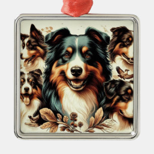 Ornement Carré Argenté Cute Australian Shepherd Peinture