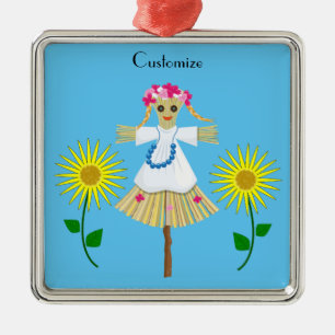 Ornement Carré Argenté Cute Blonde Pigtails Scarecrow 