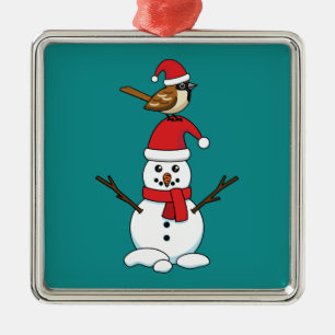 Ornement Carré Argenté Cute Bruant sur Snowman