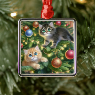 Ornement Carré Argenté Cute Kittens dans l'arbre de Noël