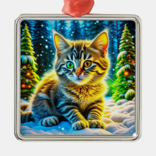 Ornement Carré Argenté Cute Kitty Chat Jouer dehors le soir de Noël