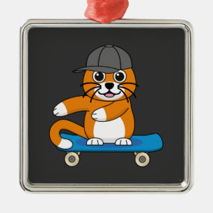 Ornement Carré Argenté Cute Orange Chat sur Skateboard Cartoon