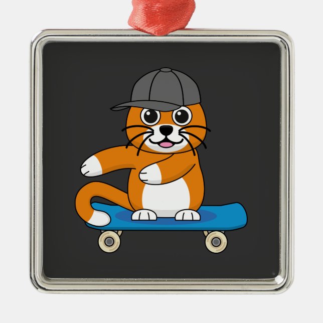 Ornement Carré Argenté Cute Orange Chat sur Skateboard Cartoon (Devant)