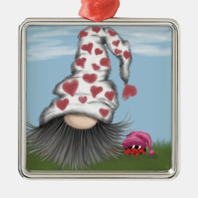 Ornement Carré Argenté Cute Valentine Gnome (Devant)