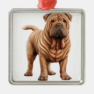 ORNEMENT CARRÉ ARGENTÉ CUTE WRINKED TAN SHAR PEI DOG