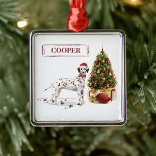 Ornement Carré Argenté Dalmatien de Noël drôle Chien et Arbre