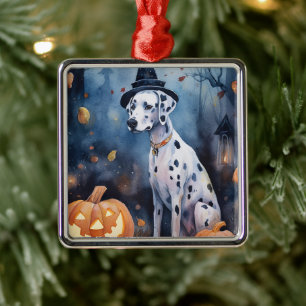 Ornement Carré Argenté Dalmation d'Halloween avec effroi Citrouille