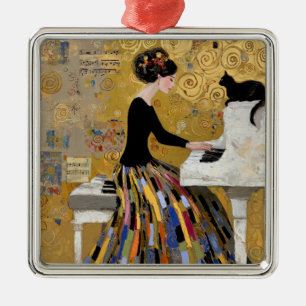Ornement Carré Argenté Dame au piano Gold Klimt avec chat noir