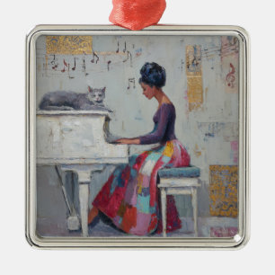 Ornement Carré Argenté Dame au piano scintillante chat violet gris