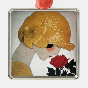 ORNEMENT CARRÉ ARGENTÉ DAME AVEC ROSE ROUGE