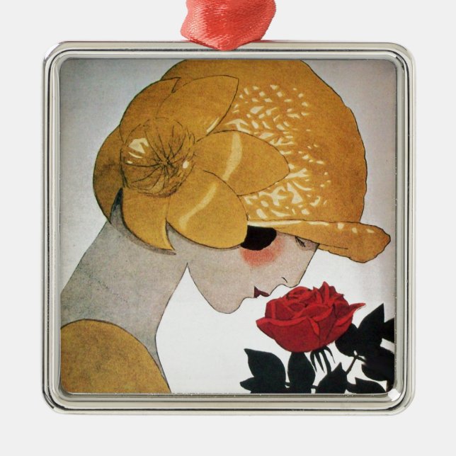 ORNEMENT CARRÉ ARGENTÉ DAME AVEC ROSE ROUGE (Devant)