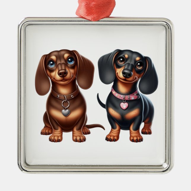 Ornement Carré Argenté De mignons amis dachshund (Devant)