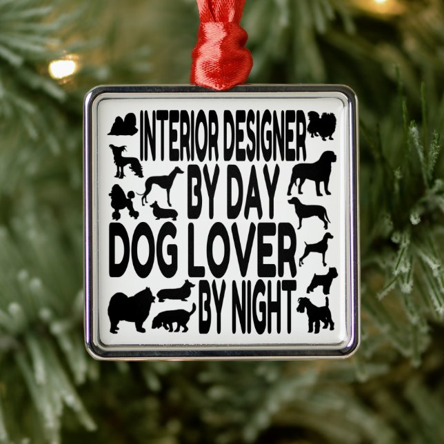 Ornement Carré Argenté Designer d'intérieur aime les chiens (Arbre)