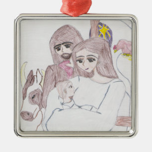 Ornement Carré Argenté Dessin crayon couleur Noël de la Nativité