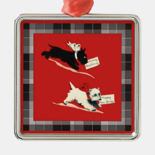 Ornement Carré Argenté Deux Chiens écossais, Terrier écossais noir et bla