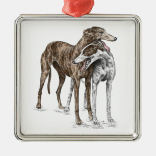 Ornement Carré Argenté Deux Greyhound Friends Dog Art