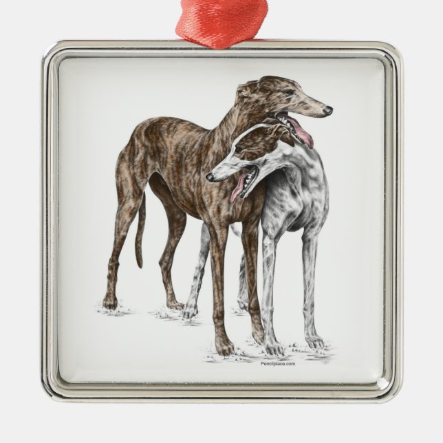 Ornement Carré Argenté Deux Greyhound Friends Dog Art (Devant)