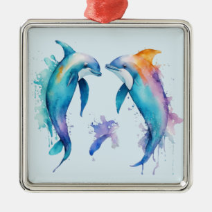 Ornement Carré Argenté Deux mignons dauphins