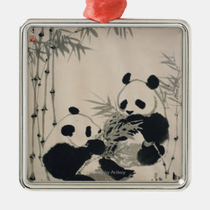 Ornement Carré Argenté Deux pandas