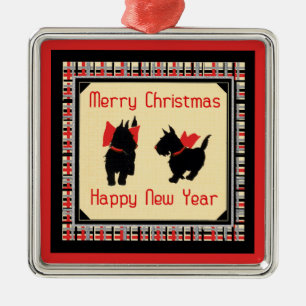 Ornement Carré Argenté Deux Scottie Dog, Scottie Terrier Joyeux Noël