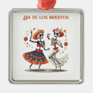 Ornement Carré Argenté Dia de los Muertos dansant squelettes personnalisa
