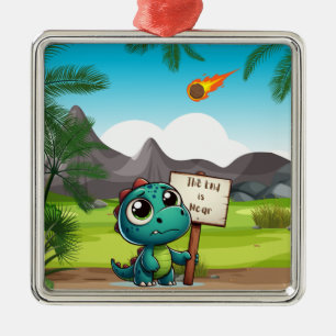 Ornement Carré Argenté dinosaure mignon et drôle
