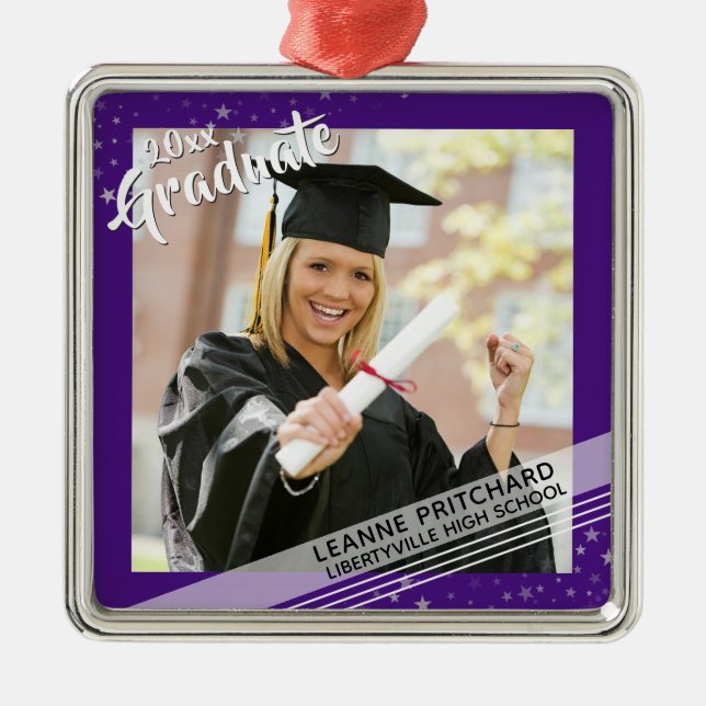 Ornement Carré Argenté Diplômé, Bordure violette modifiable, photo (Devant)