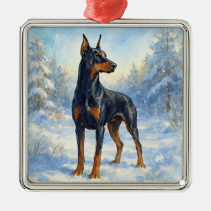 Ornement Carré Argenté Doberman dans la neige hivernale