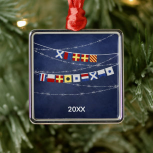 Ornement Carré Argenté Donné #Joyeux Nautique #Signal de Noël