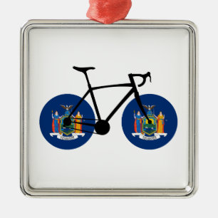 Ornement Carré Argenté Drapeau de l'État de New York à vélo