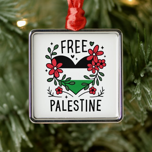 Ornement Carré Argenté Drapeau de palestine libre (Arbre)
