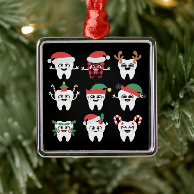 Ornement Carré Argenté Drôle Dental Noël Dents mignon Noël Dentiste (Arbre)