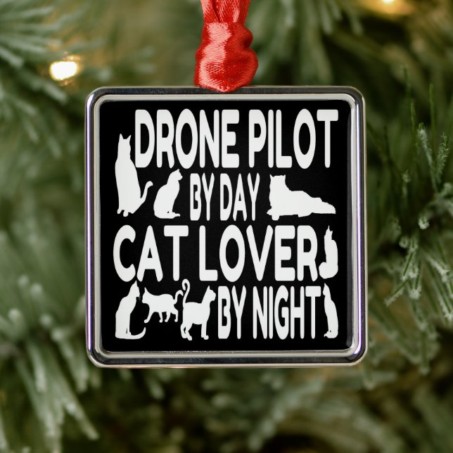 Ornement Carré Argenté Drone Pilot aime les chats (Arbre)