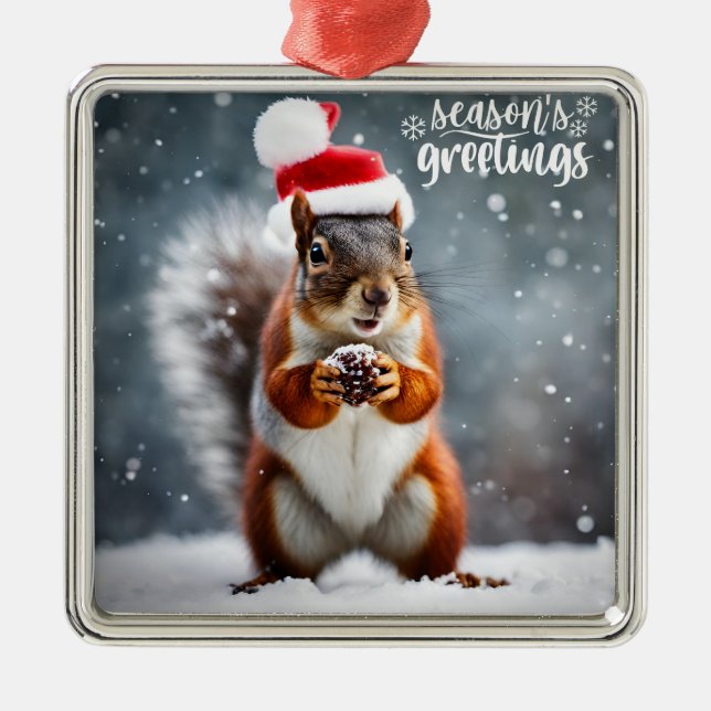 Ornement Carré Argenté Écureuil Père Noël de Noël avec Pinecone (Devant)