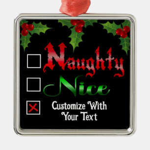 Ornement Carré Argenté Édition Texte Personnalisé Naughty Ou Nice