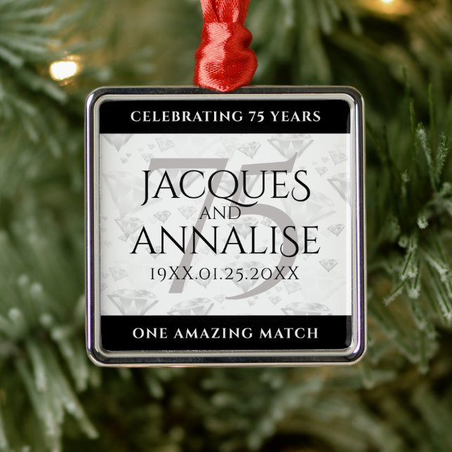 Ornement Carré Argenté Élégant 75e anniversaire de Mariage de diamant (Arbre)