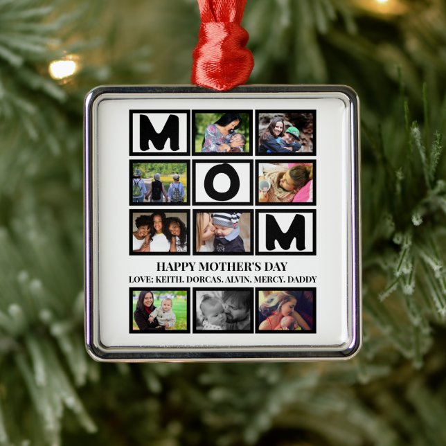 Ornement Carré Argenté Elégant Custom Happy Mothers Day 9 Photo Collage (Arbre)