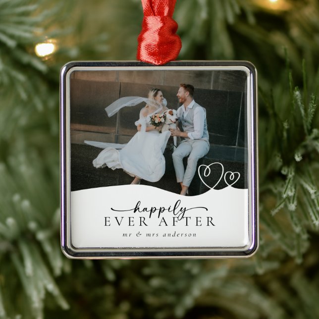 Ornement Carré Argenté Elégant Joyeux Jamais Après Script Mariage Photo (Arbre)