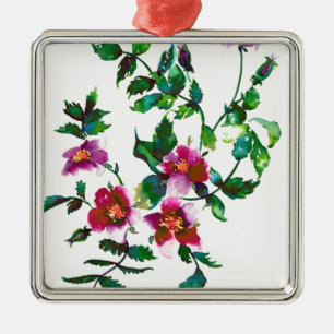 Ornement Carré Argenté Elégante aquarelle moderne fleur sauvage rose fonc