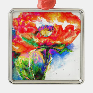 Ornement Carré Argenté Elégante aquarelle rouge florale